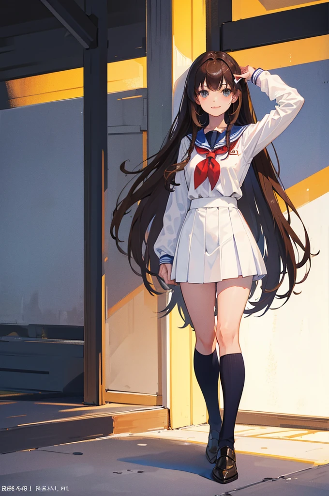 Please draw a high school girl with long brown hair.。Wearing a uniform。Standing with the whole body facing forward。Smiling。Keep your arms down at your sides。Please make sure to capture the entire body from the head up。No pose needed。Plain white background、Remove light and shadow effects。