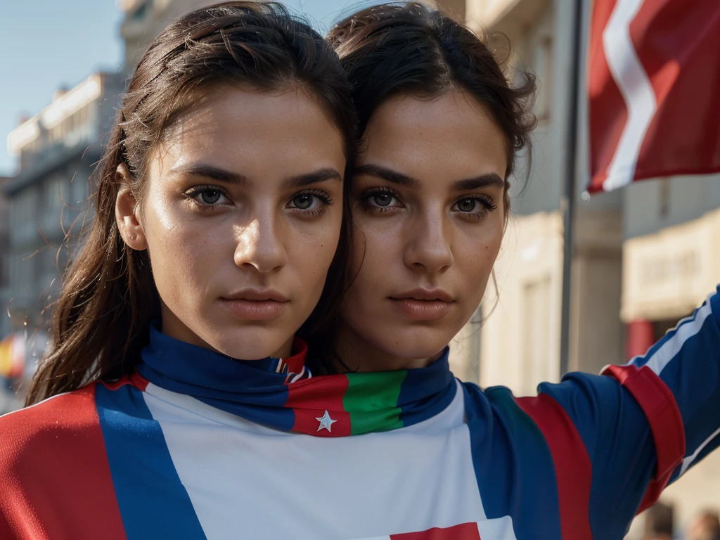 a beautiful supporter with italian flag on his face, portrait, high quality, detailed face, intense expression, photorealistic, 8k, vivid colors, studio lighting, sharp focus, physically-based rendering, professional, extremely detailed skin and facial features, piercing eyes, striking pose, vibrant france flag, dynamic lighting, dramatic atmosphere