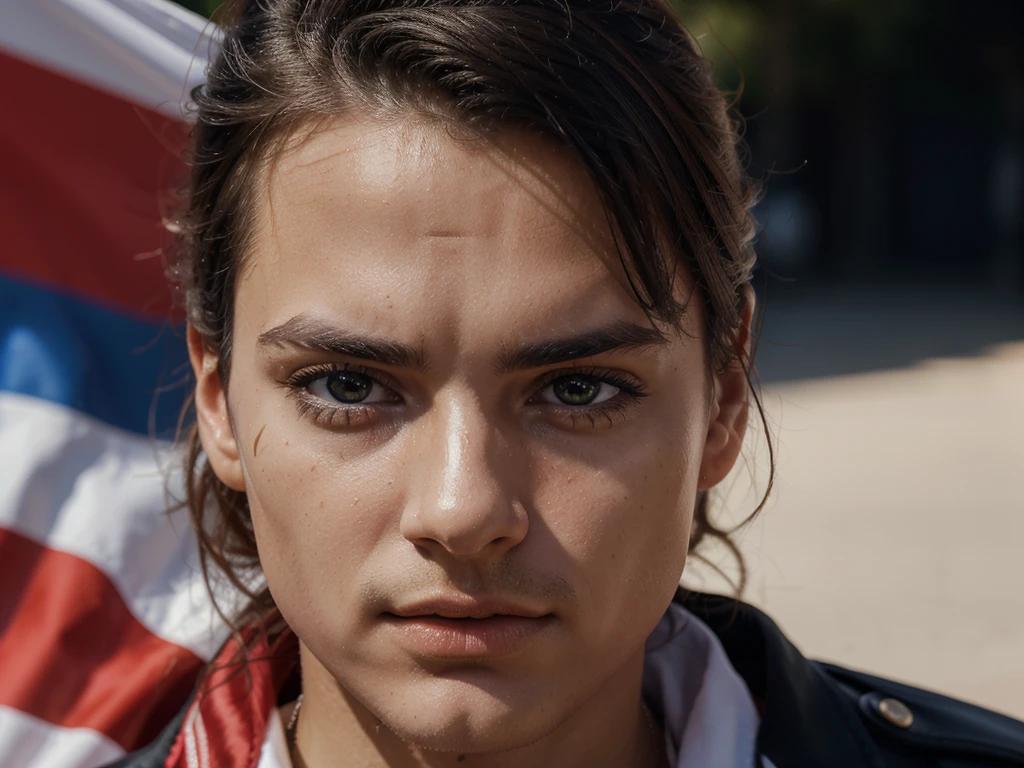 a beautiful supporter with italian flag on his face, portrait, high quality, detailed face, intense expression, photorealistic, 8k, vivid colors, studio lighting, sharp focus, physically-based rendering, professional, extremely detailed skin and facial features, piercing eyes, striking pose, vibrant france flag, dynamic lighting, dramatic atmosphere