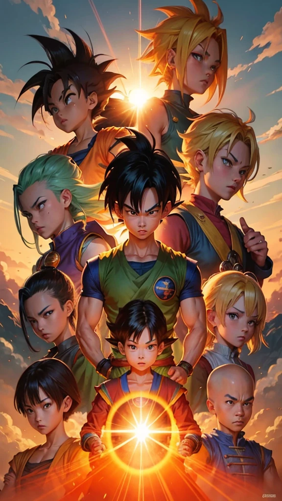 A highly detailed 16:9 portrait of the legendary Dragon Ball creator Akira Toriyama takes center stage, surrounded by dynamically rendered main characters Goku, Vegeta, Gohan, Piccolo, Krillin, and other Z Fighters in an epic manga style. The intricately drawn heroes are arranged in a captivating manner, paying homage to Toriyama's masterpiece.
Set against a vibrant background of sun rays breaking through clouds, the scene transition seamlessly into autumn leaves blowing gently in the wind. The portrait embody the intensity and emotion of Battle scenes filled with energy auras, expressing themes of friendship, courage, hope, and the spirit bomb,