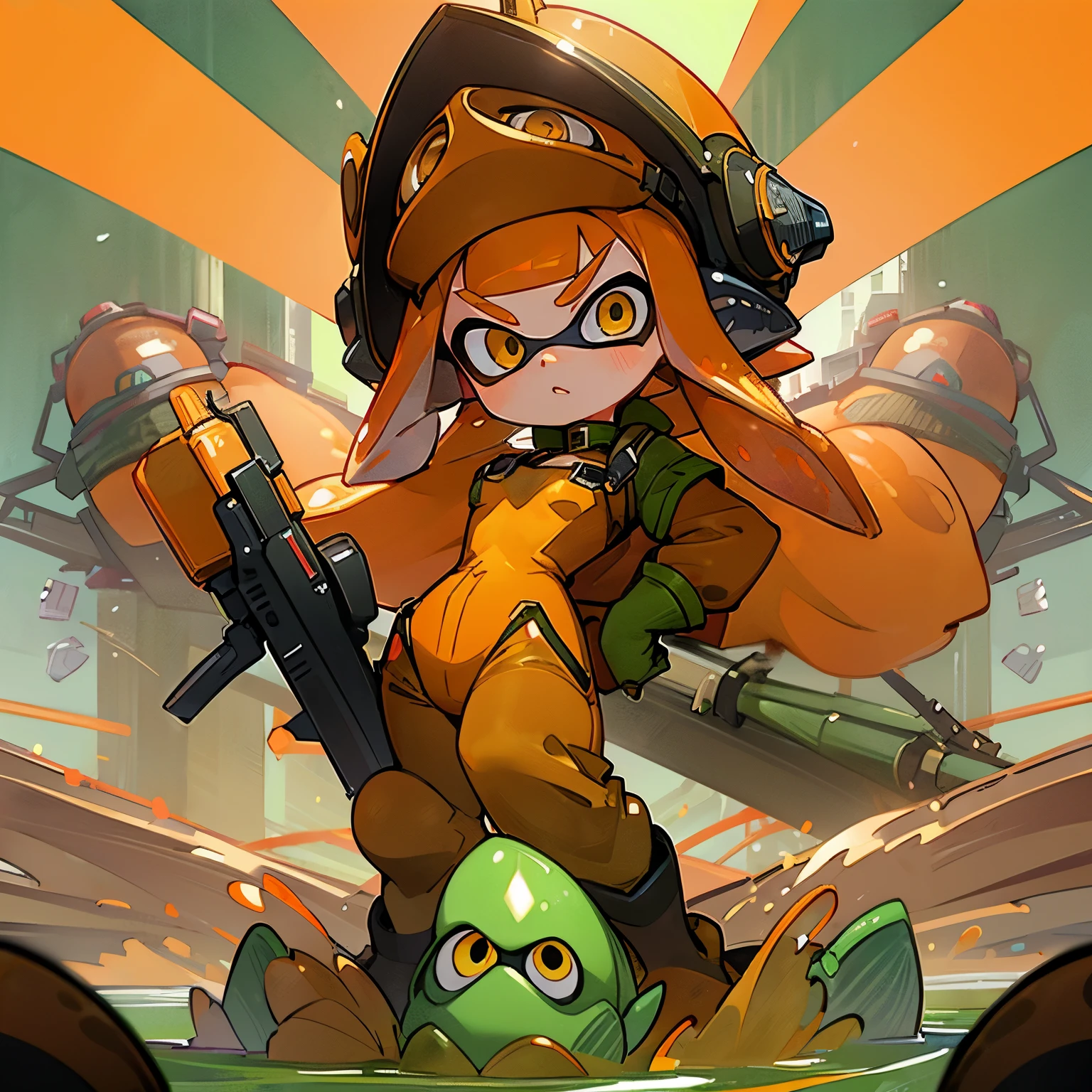 masterpiece、Highest quality、High resolution、Ultra-detailed cinematic visual art、Real Anime、3d、(Splatoon girl wearing orange construction work clothes)、((Orange jumpsuit、Orange long overalls))、Black safety belt on shoulder、Black harness belt、((Green rubber boots、Green rubber gloves、orange helmet))、Big Breasts、Cleavage、Open front clothing、Dam construction、Battle stance on water、dynamic battle pose、Waterlogged ground、Golden Eyes、Golden tentacle hair、A slightly thinner face、Glaring Eyes、Cool expression with mouth open、V-shaped eyebrows、Daytime、、In the background is the silhouette of a school of giant monster fish、Visuals that attack、Glowing Eyes Monster、