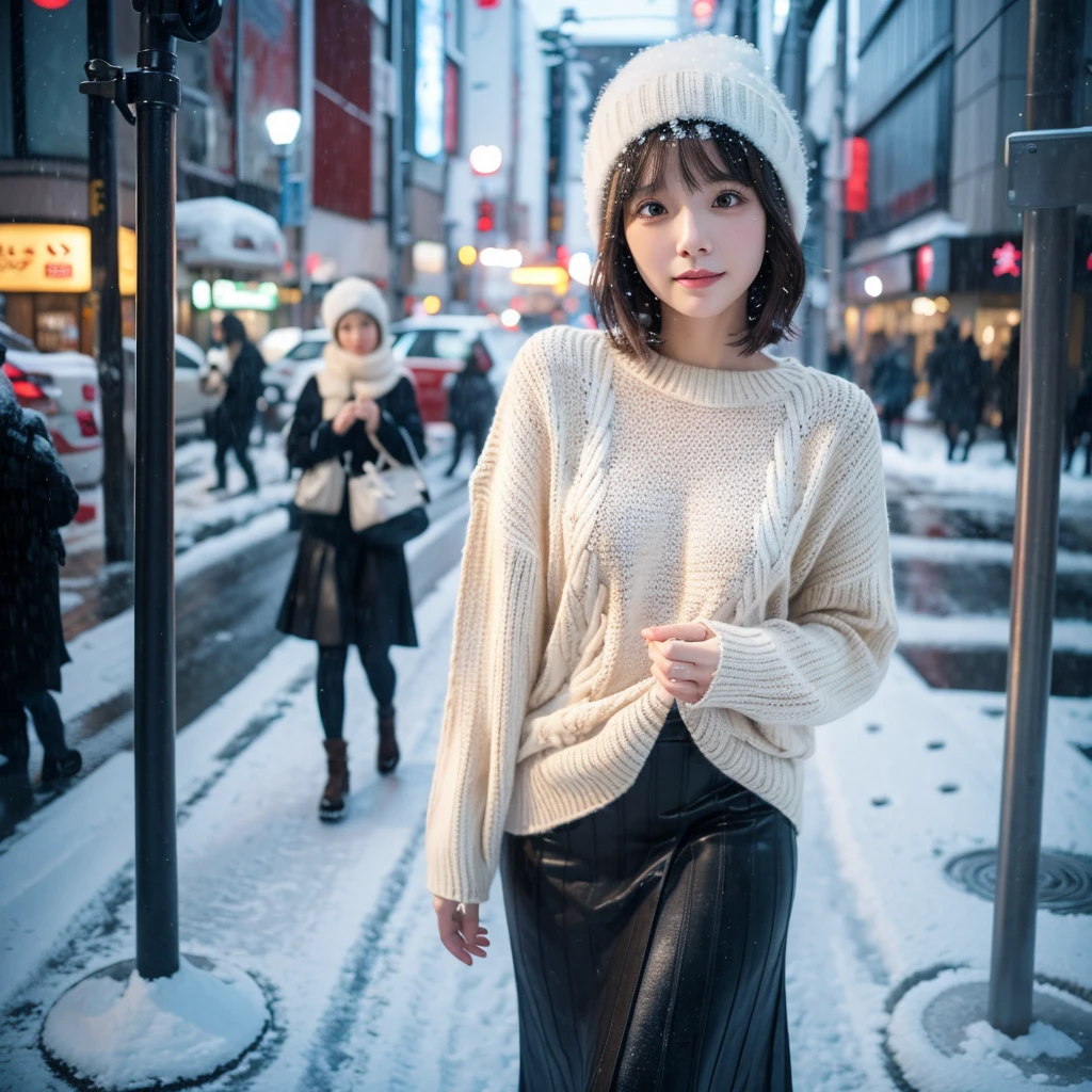 8K ultra-high quality,Super beautiful girl,Short Bob,Knitted sweater,Long skirt,Knitted hat,Small breasts,Tokyo in Winter,Deep snow々and raining