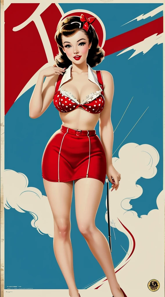 Pin up poster I&#39;m 50s Til with young sexy blonde woman with short dress with pettycoat, bends down in front of red Chevrolet Corvette while changing tires. 