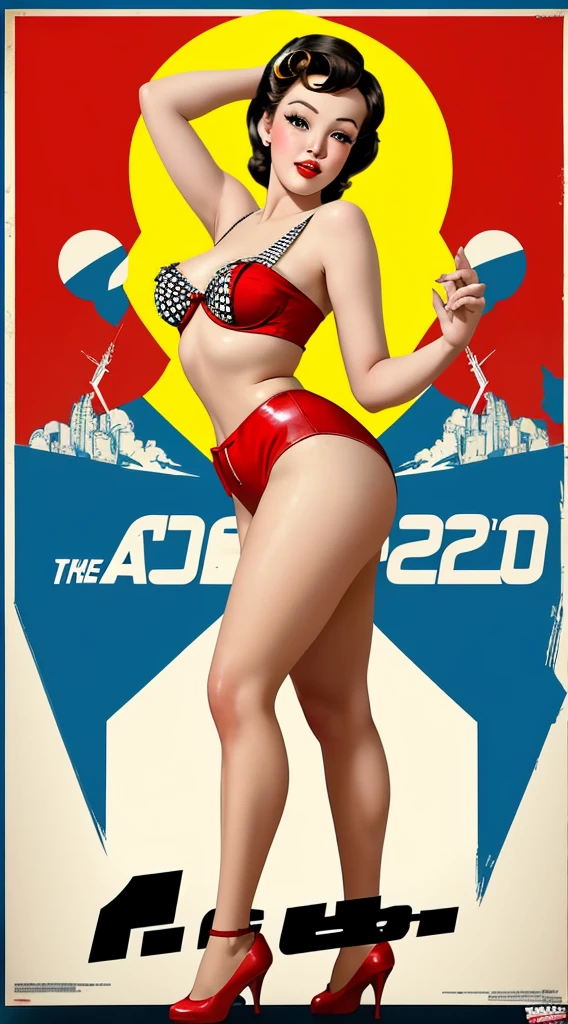 Pin up poster I'm 50s Til with young sexy blonde woman with short dress with pettycoat, bends down in front of red Chevrolet Corvette while changing tires.