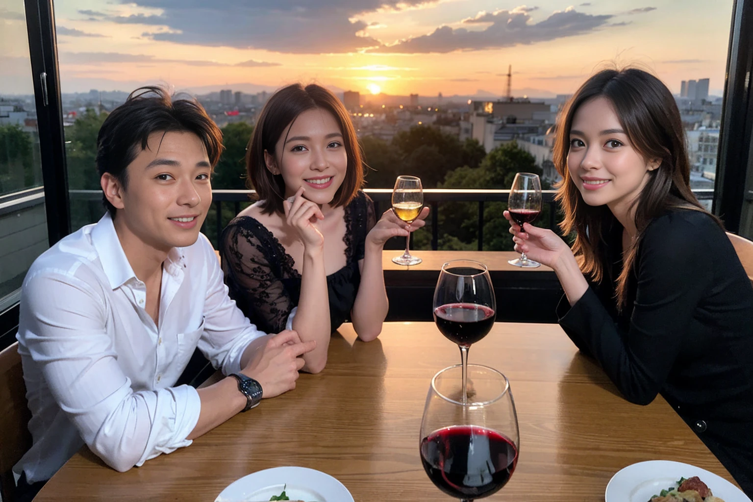 ((Highest quality、8K、masterpiece:1.3))、 (Ultra-realistic、 Genuine、Bright image、Intricate details:1.2), 最高のsmile、1 male 1 female、Beautiful couple、love love love、Lovers in Paris、Good friends、actress couple、smile、Full-course dinner at a packed table、 (Slim face), (the body is slim), (Brown Hair), (short hair), テーブルのwine glass、Please shine a light on my face、 Amazing view of the sunset sky and clouds、35 years old 39 years old, red wine 、Appetizers、Wine bottle、sparkling wine、Long sleeve shirt、dress、White wine, red wine, wine glass,
