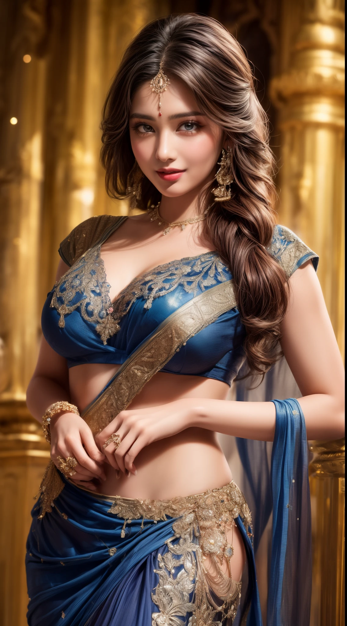 nsfw:0.9、smile、Cowboy Shot、Nipples are visible、Abdominal muscles、((Beautiful young Indian woman))、(Dark Skin)、Trendy hairstyle、Black Hair、((Big Breasts))、((A sheer sari dress with intricate embellishments))、(((Ultra tight blue saree)))、Lots of accessories、maharaja、Slender women、 8K Ultra HD,Detailed face、Delicate texture, (((Trendy hairstyle)))、Taj Mahal、Temples in India、Beautiful and majestic palace、((Delicate photo)),(Girl Astepeace RAW Photo Details:1.25), (Highest quality:1.6), (Ultra-high resolution:1.5), (Realistic:1.75), 8K resolution, Canon EOS R5, 50mm, Absurd, Very detailed,Cinema Lighting、