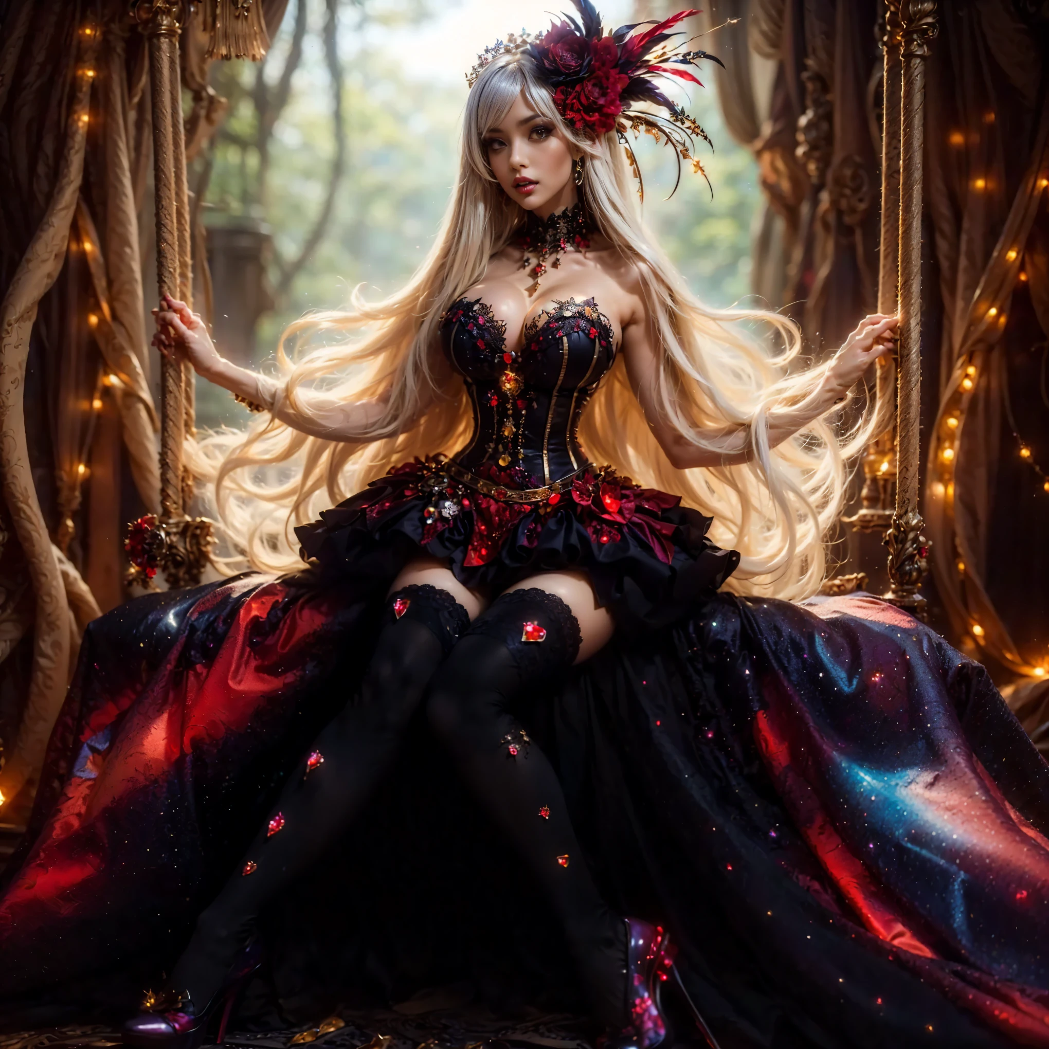 An asian woman with loose hair, standing on the stairs in the middle of a magical atmosphere, with a predominantly black and yellow costume, a strapless corset-style dress decorated with bright purple jewels, a short tutu skirt, black thigh-high stockings with lace tops and ornaments purple jewels, white high heels with gold decoration, grand staircase background under mysterious sky full of stars and celestial bodies, crystal detailed, hyper realistic, hyper detail Transparent clothing, Detailed gemstones, masterpiece, best quality:1.2),,(8k,highres,RAW photo,realistic,photo-realistic:1.3),(detailed skin texture,detailed cloth texture, beautiful detailed face:1.25),professional lighting,photon mapping,beautiful soft light,radiosity,physically-based rendering,raytracing, model shoot style, model shoot style, (extremely detailed CG unity 8k wallpaper), full shot body photo of the most beautiful artwork in the world (NSFW), (Nude), (Navel) (big breast)