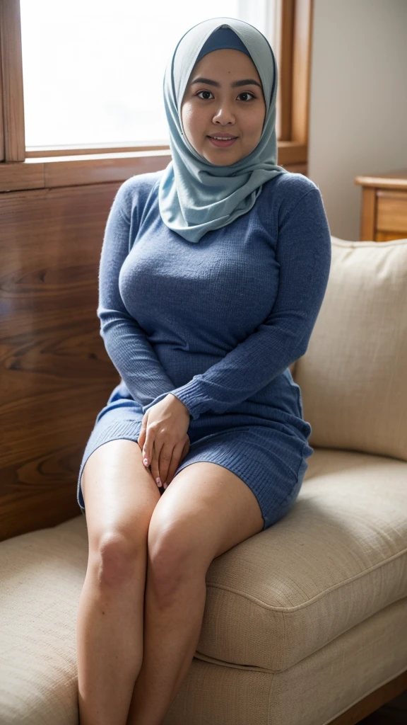 RAW, (Best quality, high resolution, work: 1.3), Beautiful Malay woman in hijab, plump body, naked, Big breasts, Beautiful big eyes, Soft smile, beautiful face, super horny face, slightly open mouth, thick thighs, beautiful buttocks, , beautiful big eyes , gentle smile, beautiful girl, detailed face, Muslim woman sitting on a chair in a blue sweater and white skirt, nude, braless, wearing a long flowy fabric, casual pose, wearing casual clothes, very long pleated skirt, wearing casual clothing, white hijab , with a beautiful look Beautiful, perfect lighting, 8k