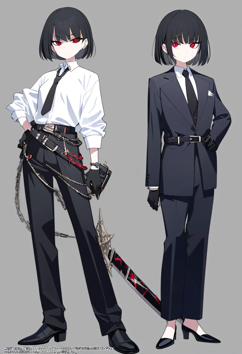 One woman,Dynamic,whole body,Are standing,mysterious,Concept Art,Character Design,Jet black straight hair,The bangs are trimmed to accentuate the eyes.,Well-proportioned face,Sharp Eyes,White shirt,Black tie,Black slacks,Silver cufflinks on the left hand,On the ring finger of her right hand she wears a simple silver ring.。Luxury watches,Black leather shoes,beltでウエストラインを強調,Stylish,Red eyes,belt,Stylish,Simple background gray,Details,Okabo Hair,Half-open eyes,Cool appearance,,Black gloves,Short Hair,Narrow eyes,Accentuated body lines,Has a sword on his waist,