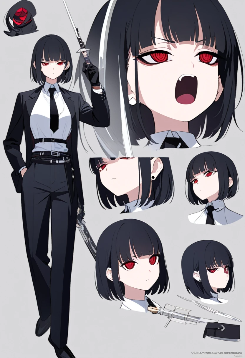 One woman,Dynamic,whole body,Are standing,mysterious,Concept Art,Character Design,Jet black straight hair,The bangs are trimmed to accentuate the eyes.,Well-proportioned face,Sharp Eyes,White shirt,Black tie,Black slacks,Silver cufflinks on the left hand,On the ring finger of her right hand she wears a simple silver ring.。Luxury watches,Black leather shoes,beltでウエストラインを強調,Stylish,Red eyes,belt,Stylish,Simple background gray,Details,Okabo Hair,Half-open eyes,Cool appearance,,Black gloves,Short Hair,Narrow eyes,Accentuated body lines,Has a sword on his waist,