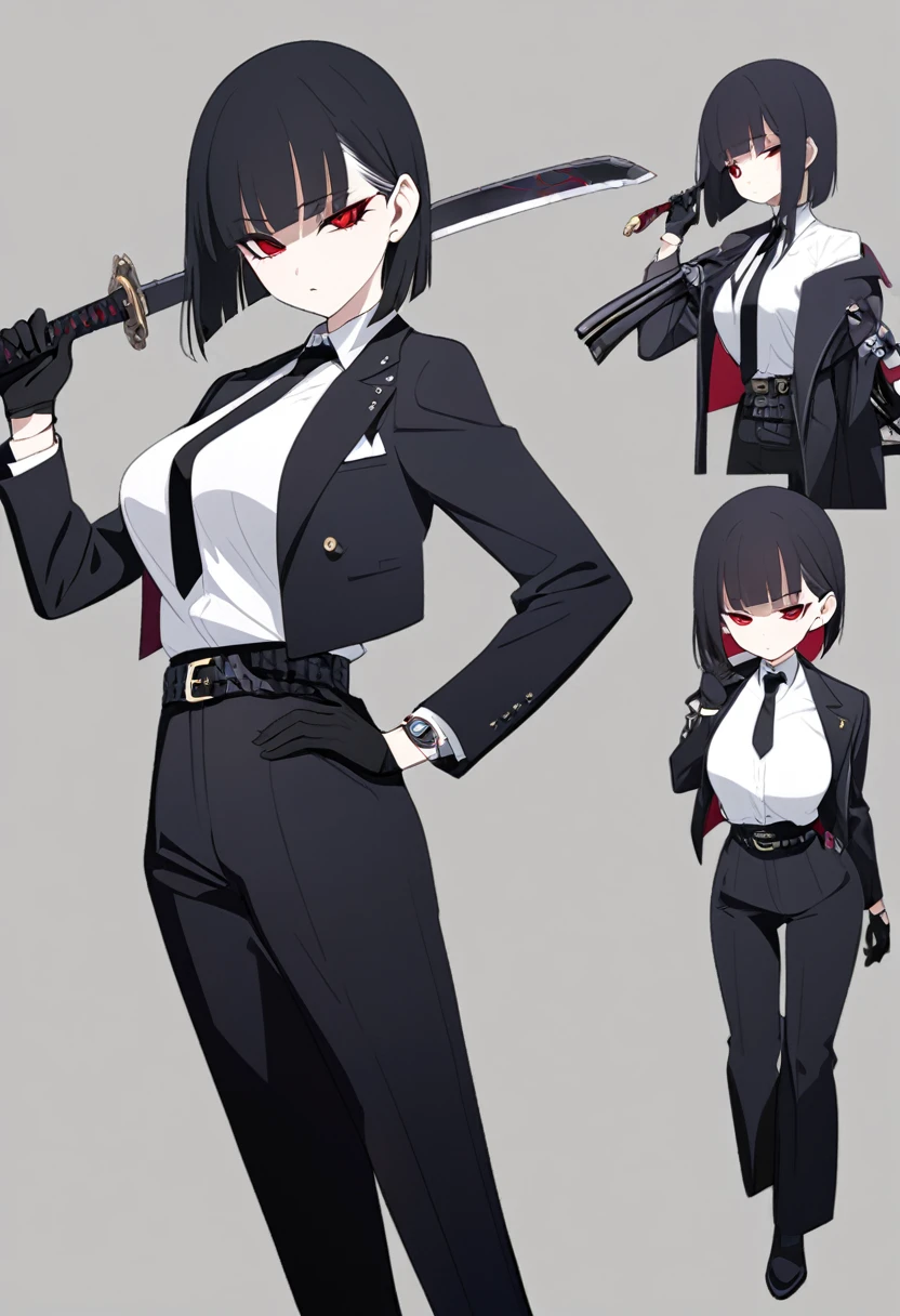 One woman,Dynamic,whole body,Are standing,mysterious,Concept Art,Character Design,Jet black straight hair,The bangs are trimmed to accentuate the eyes.,Well-proportioned face,Sharp Eyes,White shirt,Black tie,Black slacks,Silver cufflinks on the left hand,On the ring finger of her right hand she wears a simple silver ring.。Luxury watches,Black leather shoes,beltでウエストラインを強調,Stylish,Red eyes,belt,Stylish,Simple background gray,Details,Okabo Hair,Half-open eyes,Cool appearance,,Black gloves,Short Hair,Narrow eyes,Accentuated body lines,Has a sword on his waist,