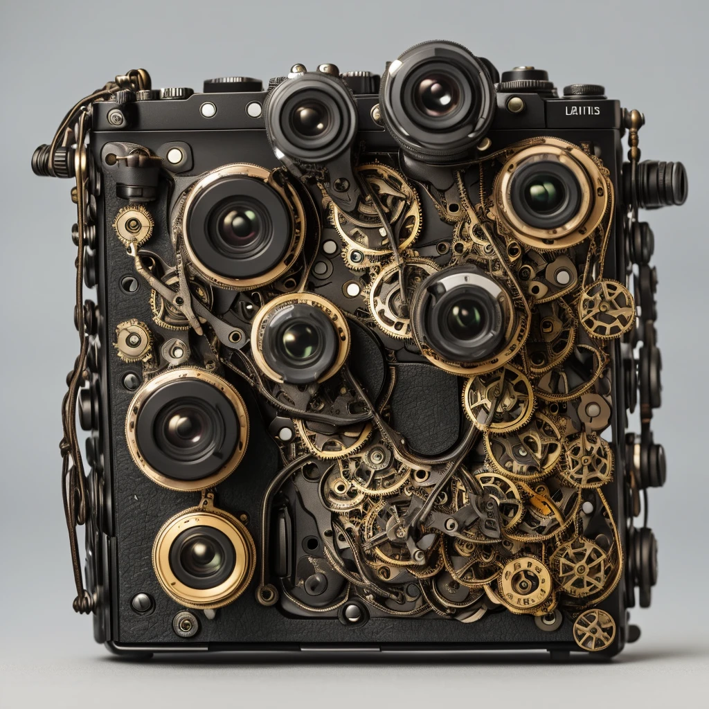 camera,SLR,steampunk,Background white,1 lens,camera1つ,Right facing