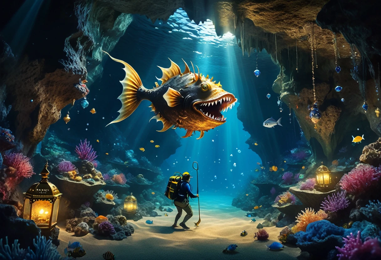 Huge underwater cave、There are countless teeth growing at the entrance to the cave.、(The huge entrance is filled with jewels, ornaments and treasures.:1.4)、An anglerfish monster disguised as a cave、The treasure hunter divers approach without noticing.、Reality、Fantasy、