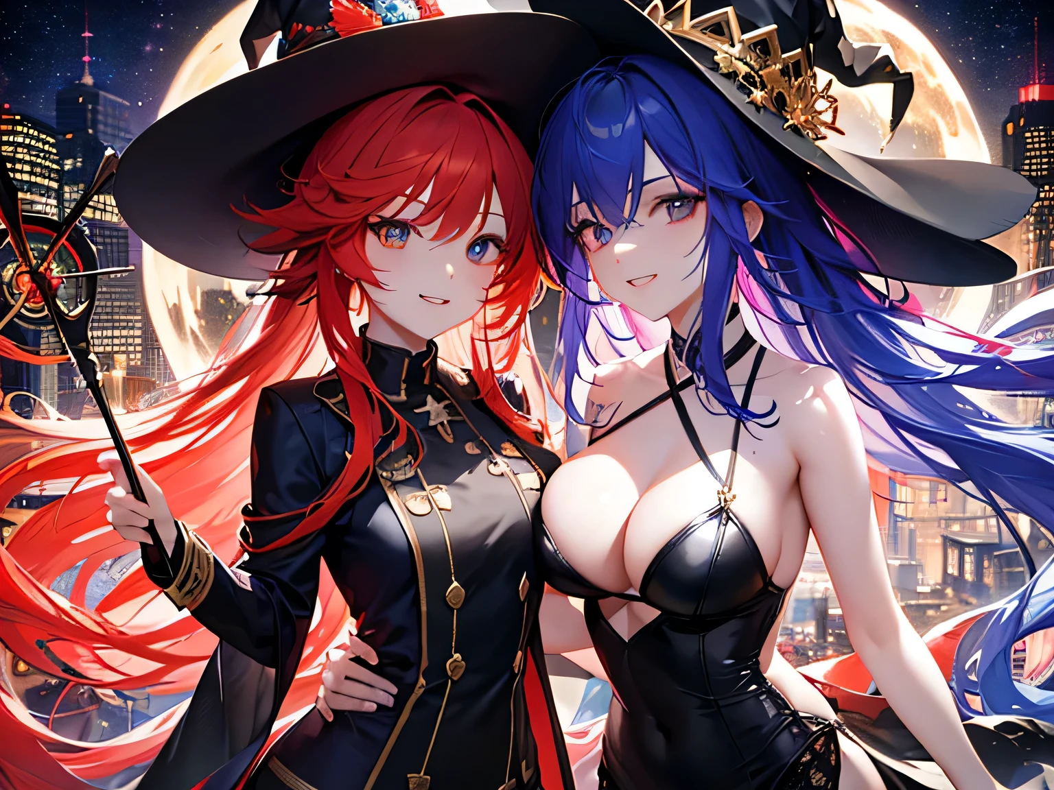 ((rainbow hair)), hair over shoulder, messy hair, hair over eyes, witch hat, wizard hat, grin, bright pupils, happy, anime, cinematic lighting, UHD, ((masterpiece)), super detail, (detailed eyes, detailed face), high quality, highres, high details, Witch with powerful magical light, female wizard, wide-brimmed hat, wizard's staff, wand, A torrent of light, colorful rays intersecting, (Right arm thrust out in front), orange costume, light blue hair, perfect body, sexy