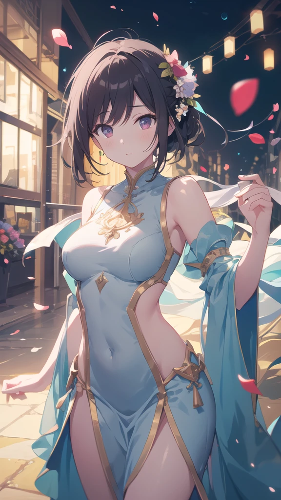 {{{{masterpiece}}}}, {{{Ultra Detailed}}}, {{{high resolution}}}, {{Good anatomy}}, (((best quality))), ((Extremely delicate and beautiful)), {{Extremely detailed and refined}}, {8k cg wallpaper}, {{illustration}}, Ray Tracing, Bokeh, (glow:1.2), (Light Particles:1.2), (Flowers:1.2), (petal:1.2), (petal反射:1.2), (Chromatic Aberration:1.2), 1 Girl, Solitary, Looking at the audience, (National style clothes:1.1), Emergency 1,