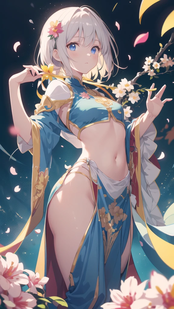 {{{{masterpiece}}}}, {{{Ultra Detailed}}}, {{{high resolution}}}, {{Good anatomy}}, (((best quality))), ((Extremely delicate and beautiful)), {{Extremely detailed and refined}}, {8k cg wallpaper}, {{illustration}}, Ray Tracing, Bokeh, (glow:1.2), (Light Particles:1.2), (Flowers:1.2), (petal:1.2), (petal反射:1.2), (Chromatic Aberration:1.2), 1 Girl, Solitary, Looking at the audience, (National style clothes:1.1), Emergency 1,