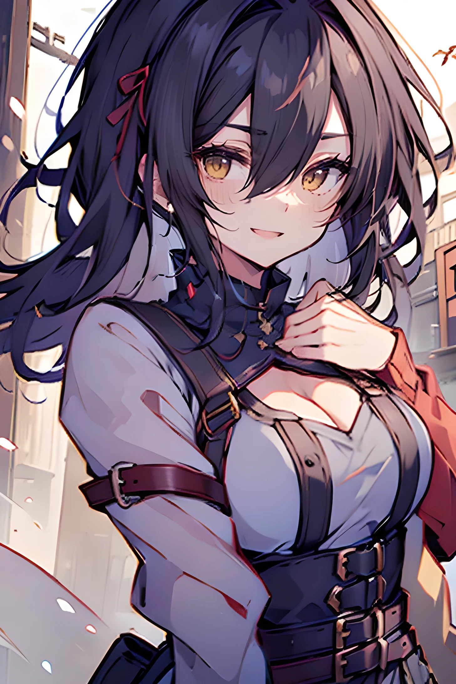 hui xiyi, rekkyo sensen, rekkyou sensen, character design ((black hair, tits cleavage, waving, breasts close up, suspenders, dress, blue clothes, swept bangs, belt, frills shirt, knit sweater, exposed breasts, straps, ribbon, fur clothes, upper body, long hair, half-twin tail, nun, long sleeves, perfect hands, perfect fingers, black footwear, white regwear)), simple background, white background