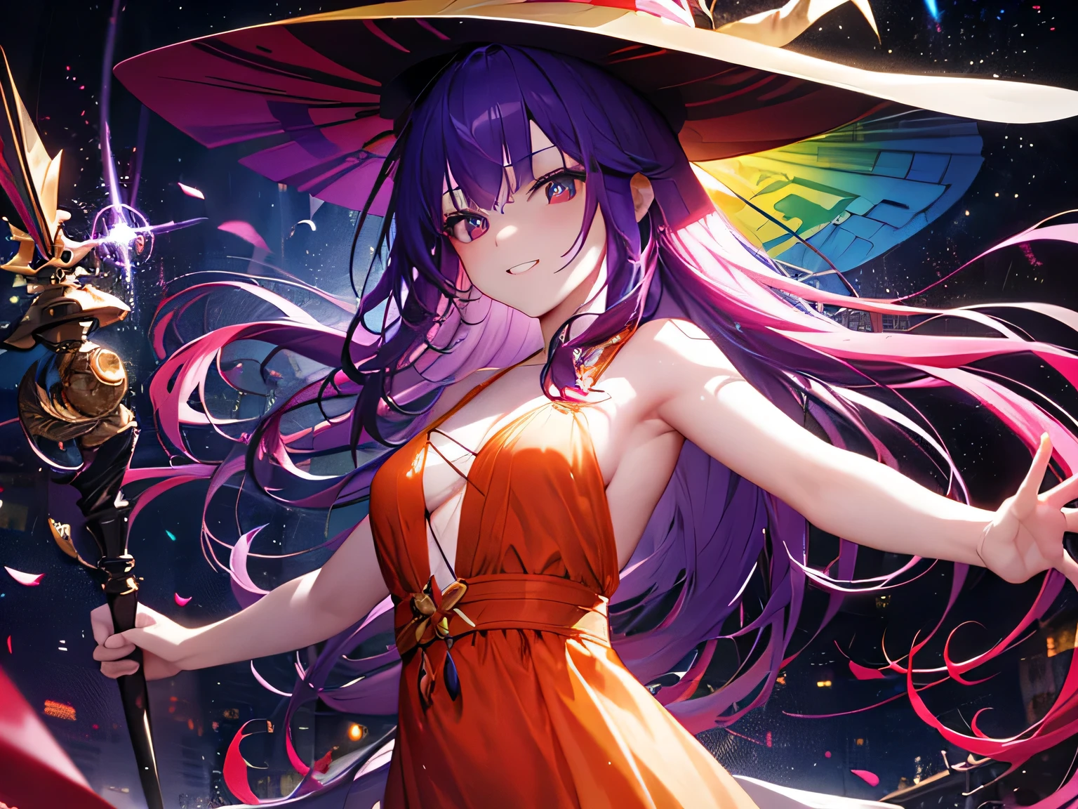 ((rainbow hair)), hair over shoulder, messy hair, hair over eyes, witch hat, wizard hat, grin, bright pupils, happy, anime, cinematic lighting, UHD, ((masterpiece)), super detail, (detailed eyes, detailed face), high quality, highres, high details, Witch with powerful magical light, female wizard, wide-brimmed hat, wizard's staff, wand, A torrent of light, colorful rays intersecting, (Right arm thrust out in front), orange costume, light blue hair, perfect body, sexy