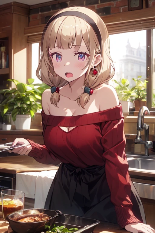 masterpiece, yor, 1girl, Amazing Cleavage:1.3, thin waist, big ass, Raised sexy, medium breast: 1.8 posed cleavage:1.2、solo, looking at viewer, open mouth, have a cup of coffee,black hair, red eyes, dress,  shoulders, jewelry, collarbone, sidelocks, hairband, earrings, indoors, off shoulder, :o, sweater, arms behind back, plant, short hair with long locks, white hairband, off-shoulder dress, sweater dress, off-shoulder sweater, red sweater, big side hair, very long side hair,is rendered in (masterpiece: 1.2, best quality), with (ultra high resolution) and an exquisite (depth of field). This masterpiece is not only visually stunning but also tells, teach of cooking ,in the kitchen