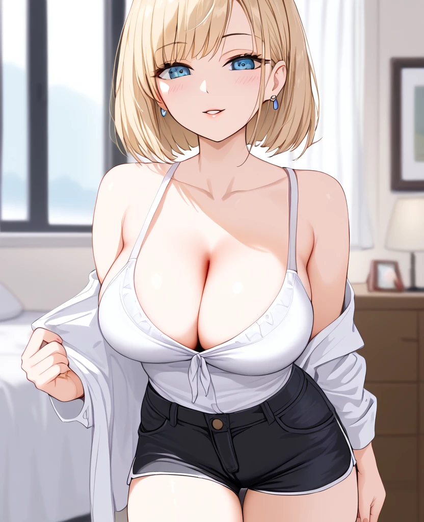1girl, ultra high res, large chest, cleavage, white shirt, shorts