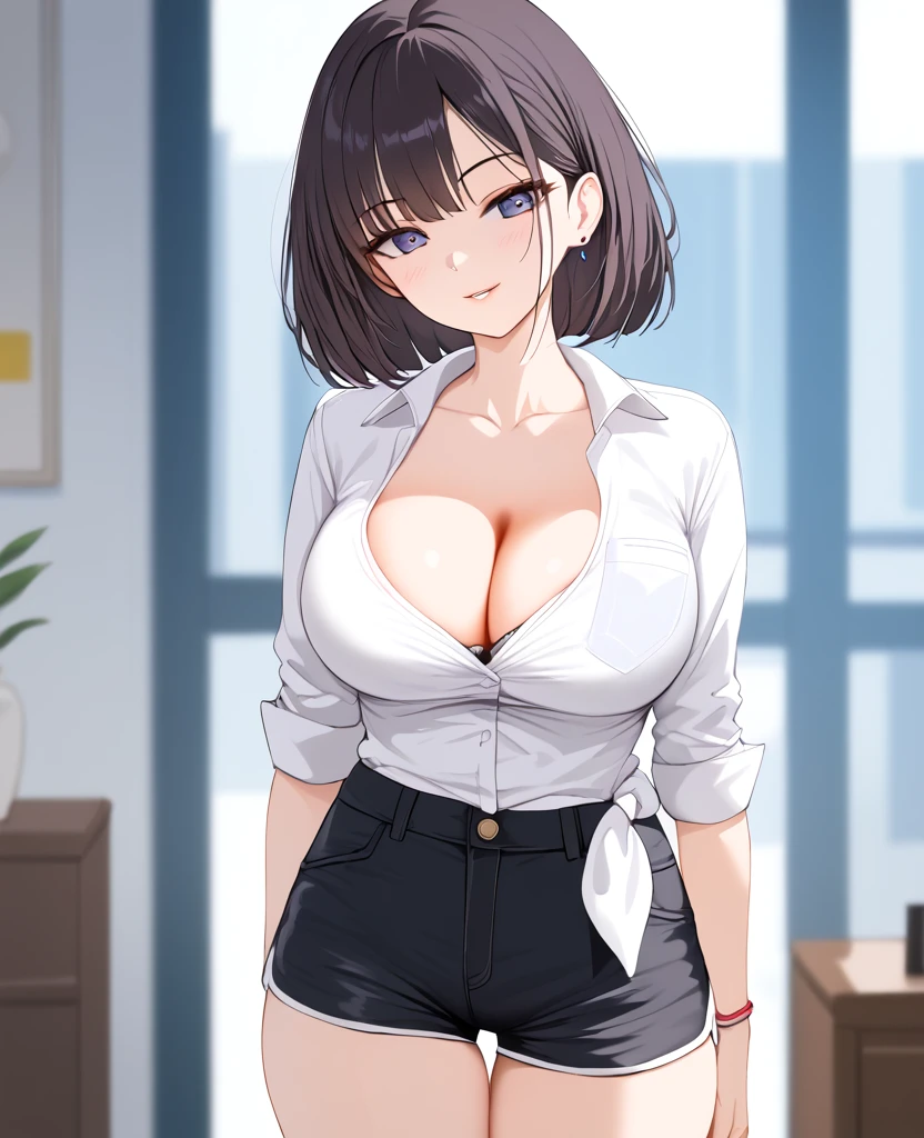 1girl, ultra high res, large chest, cleavage, white shirt, shorts