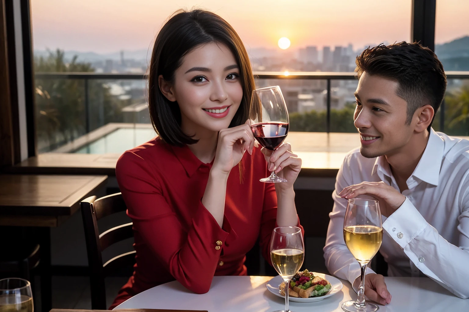 ((Highest quality、8K、masterpiece:1.3))、 (Ultra-realistic、 Genuine、Bright image、Intricate details:1.2), 最高のsmile、1 male 1 female、Beautiful couple、love love love、A gentle lover、Good friends、actress couple、smile、Full-course dinner at a packed table、 (Slim face), (the body is slim), (Brown Hair), (short hair), テーブルのwine glass、Please shine a light on my face、 Amazing view of the sunset sky and clouds、 34 years old 39 years old, red wine 、Appetizers、Wine bottle、sparkling wine、Long sleeve shirt、dress、White wine, red wine, wine glass, 