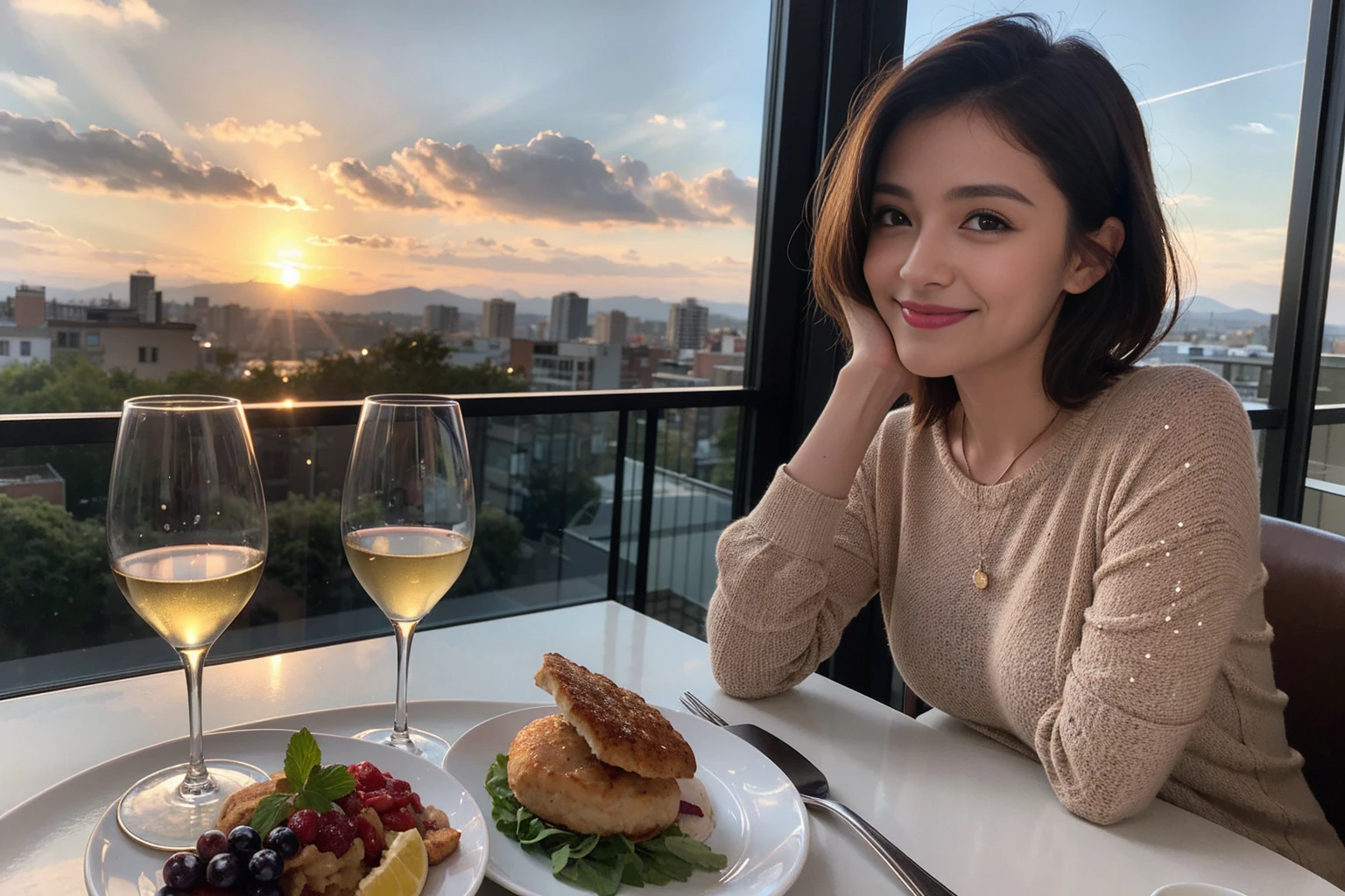 ((Highest quality、8K、masterpiece:1.3))、 (Ultra-realistic、 Genuine、Bright image、Intricate details:1.2), 最高のsmile、1 male 1 female、Beautiful couple、love love love、A gentle lover、Good friends、actress couple、smile、Full-course dinner at a packed table、 (Slim face), (the body is slim), (Brown Hair), (short hair), テーブルのwine glass、Please shine a light on my face、 Amazing view of the sunset sky and clouds、 34 years old 39 years old, red wine 、Appetizers、Wine bottle、sparkling wine、Long sleeve shirt、dress、White wine, red wine, wine glass,