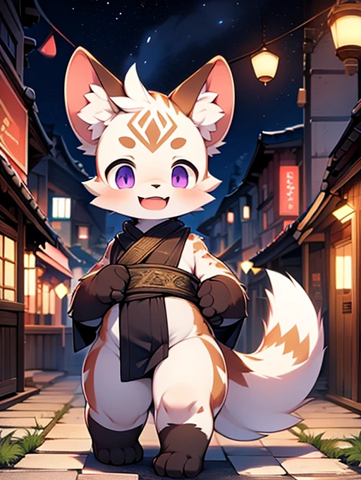 Civet cat, Little Boy, cute, (alone), (((Has brown and white fur))), Big purple eyes, Blushing, smile, Open your mouth, walking, night, Ancient Asian cities, bright street lights, Blue and black slate road, Empty Streets, Starry Sky, Shadow, Detailed facial depiction, ((Accurate hand drawing)), レンブラントの光とShadow, Ultra-fine，Completely naked，Naked，Naked，