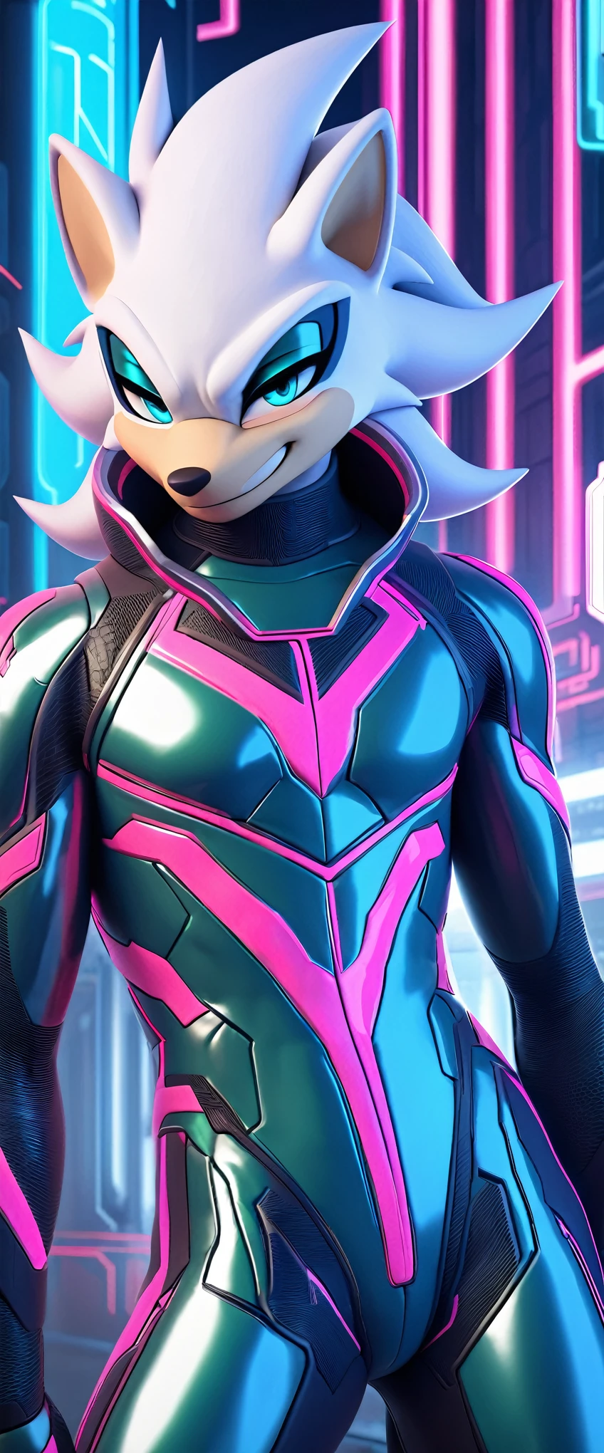 (((masterpiece:1.5, 4K, 8K))), a (((full body:1.5))) high quality digitally drawn rendered image ((by SEGA)) of A solo male anthro ((silver—white hedgehog)), with glowing blue eyes, ((metallic blue eyeliner:1.5)), (((tan muzzle))), wearing a (((sci-fi bodysuit))) stands in a neon-lit cyberpunk city The android's bodysuit is adorned with (((bright teal coloring:1.5))) with (((neon pink accents:1.4))), and intricate android seams, creating a futuristic look. the android has a seductive smirk on his face
