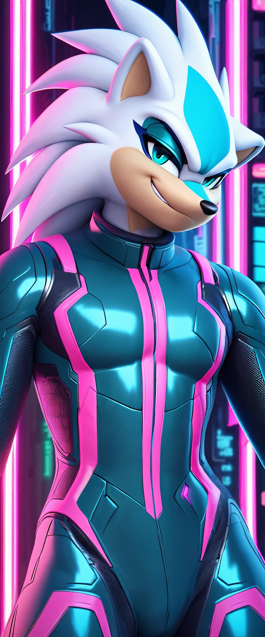 (((masterpiece:1.5, 4K, 8K))), a (((full body:1.5))) high quality digitally drawn rendered image ((by SEGA)) of A solo male anthro ((silver—white hedgehog)), with glowing blue eyes, ((metallic blue eyeliner:1.5)), (((tan muzzle))), wearing a (((sci-fi bodysuit))) stands in a neon-lit cyberpunk city The android's bodysuit is adorned with (((bright teal coloring:1.5))) with (((neon pink accents:1.4))), and intricate android seams, creating a futuristic look. the android has a seductive smirk on his face