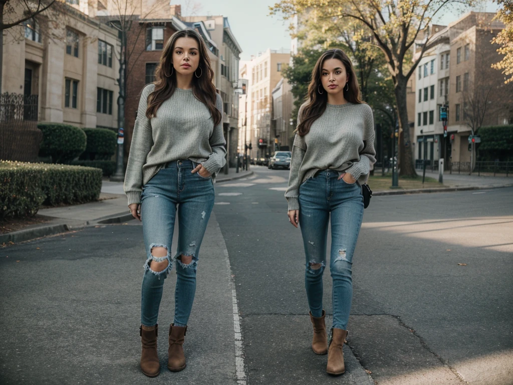 (masterpiece:1.2, best quality), 1lady, solo, upper body, big tits, Dark wash skinny jeans, oversized sweater, ankle boots, Loose waves, center part, simple hoop earrings, green Park