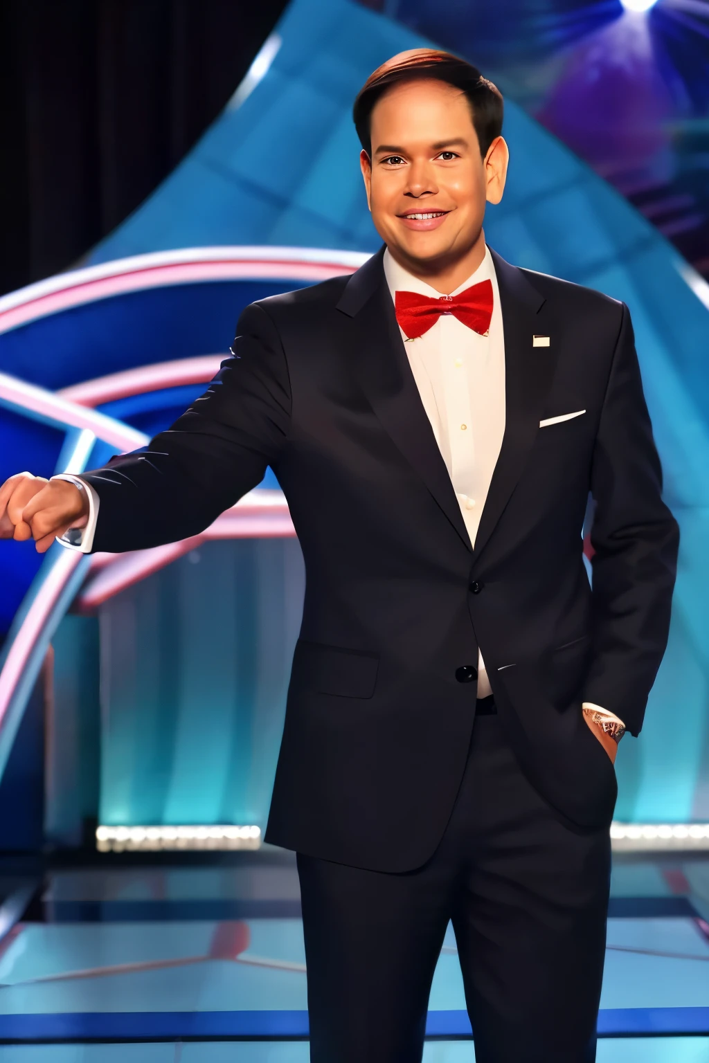 marco rubio face closeup, face focus, shirt, formal, suit, collared shirt, white shirt, jacket,
Dressed in a flashy game show host outfit with a bow tie and sparkly jacket, standing on a game show set, spinning a large prize wheel,
best quality, masterpiece, HDR, professional, studio quality, highres,