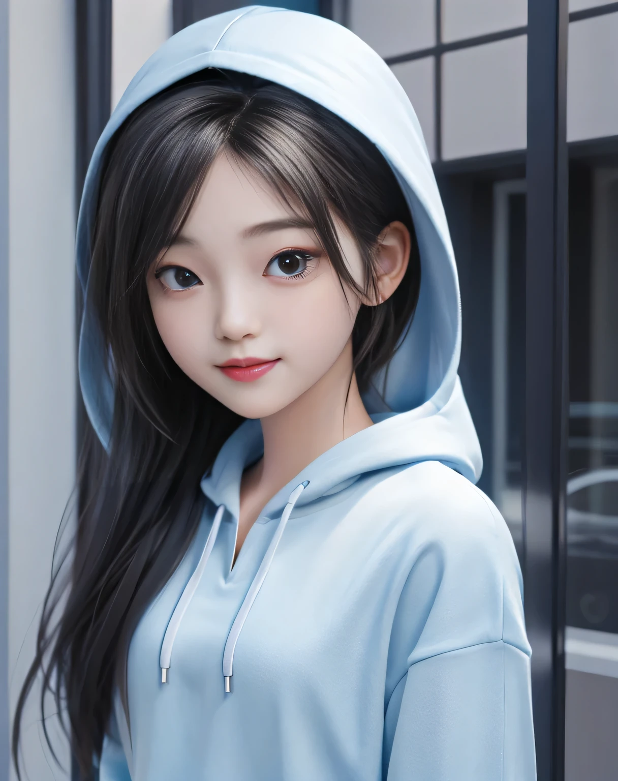 best qualtiy， 1 girl， Solo exhibition，blue hoodie, cartoon portrait of ， simple backgound