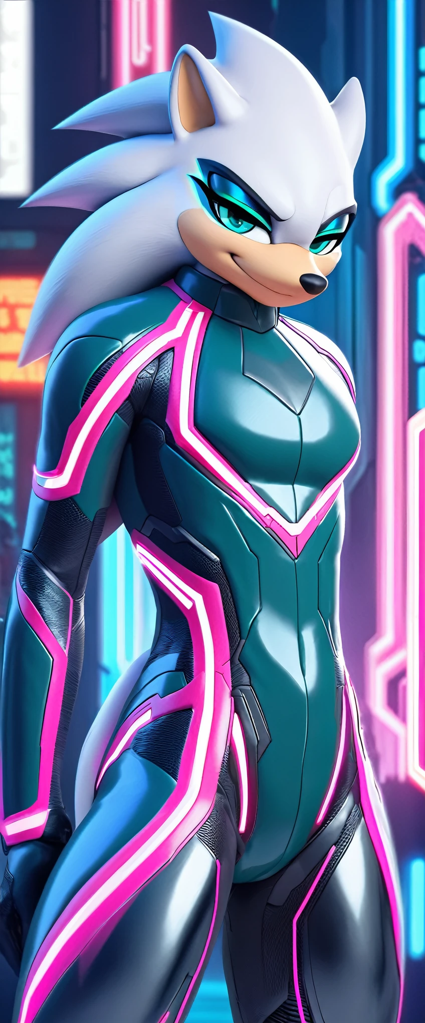 (((masterpiece:1.5, 4K, 8K))), a (((full body:1.5))) high quality digitally drawn rendered image ((by SEGA)) of A solo male anthro ((silver—white hedgehog)), with glowing blue eyes, ((metallic blue eyeliner:1.5)), (((tan muzzle))), wearing a (((sci-fi bodysuit))) stands in a neon-lit cyberpunk city The android's bodysuit is adorned with (((bright teal coloring:1.5))) with (((neon pink accents:1.4))), and intricate android seams, creating a futuristic look. the android has a seductive smirk on his face