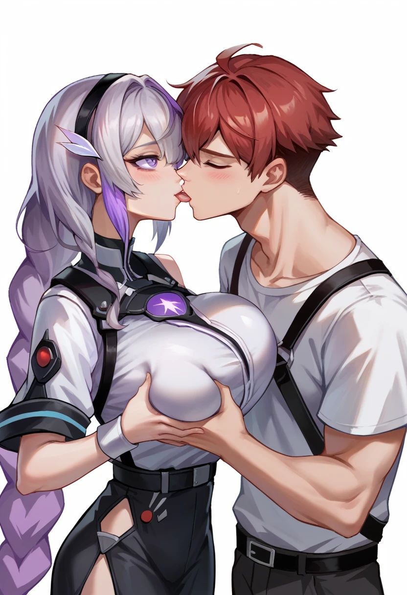 yinji,1 girl and one boy，grabbing ,purple_hair,purple_Eye,Very_long_hair,grey_hair,Braided_Ponytail,big , Red hair boy，Wearing a white shirt，Very handsome red hair boy，With purple hairHolding Hands，girl and boy kissing big ,boy  in grabbing  girl ,  slope_hair, The background is dreamy