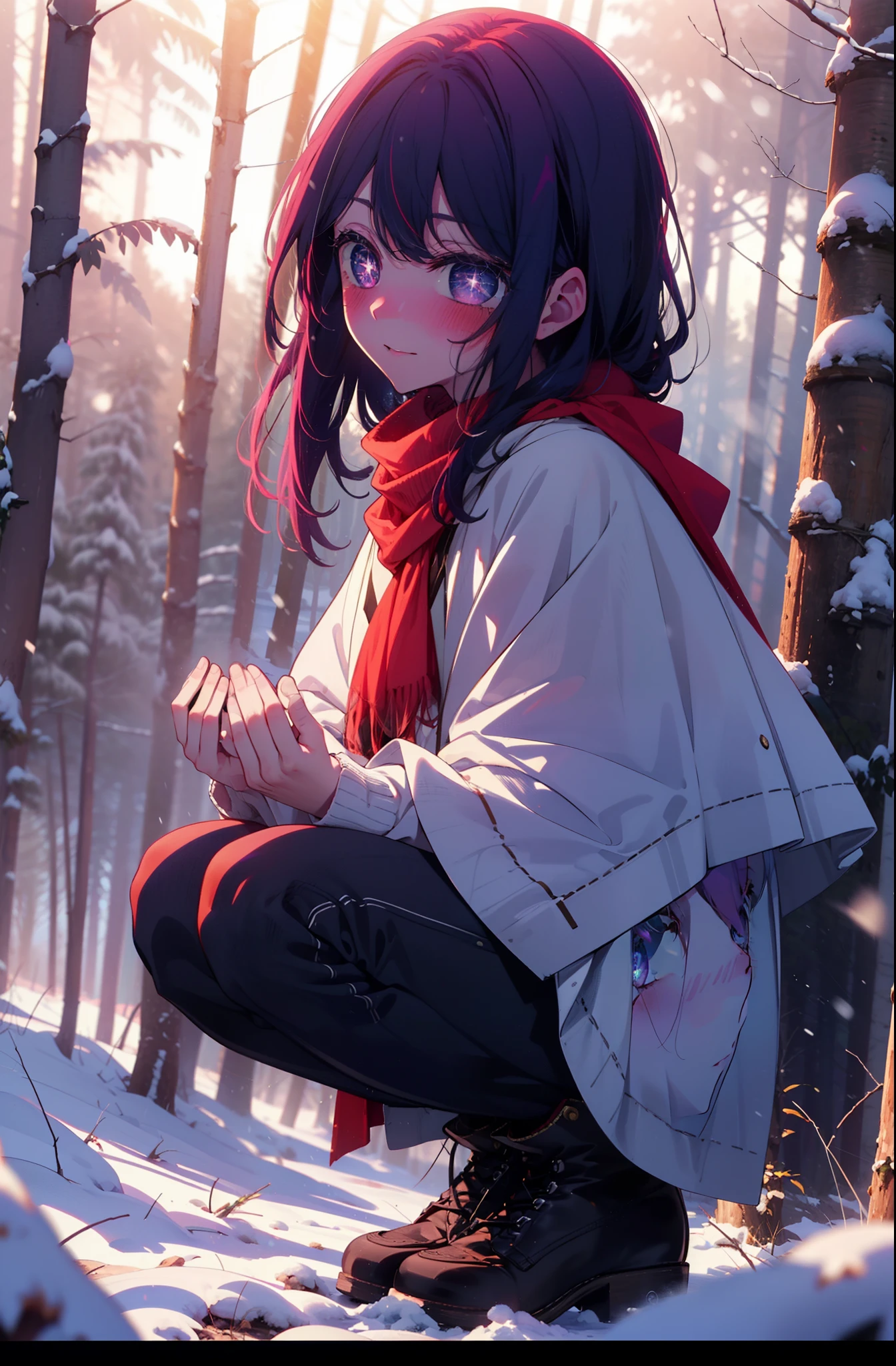 aihoshino, Ai Hoshino, Long Hair, bangs, (Purple eyes:1.1), Purple Hair, (Symbol-shaped pupil:1.5), smile,,smile,blush,White Breath,
Open your mouth,snow,Ground bonfire, Outdoor, boots, snowing, From the side, wood, suitcase, Cape, Blurred, , forest, White handbag, nature, Squat, Mouth closed, Cape, winter, Written boundary depth, Black shoes, red Cape break looking at viewer, Upper Body, whole body, break Outdoor, forest, nature, break (masterpiece:1.2), Highest quality, High resolution, unity 8k wallpaper, (shape:0.8), (Beautiful and beautiful eyes:1.6), Highly detailed face, Perfect lighting, Extremely detailed CG, (Perfect hands, Perfect ),