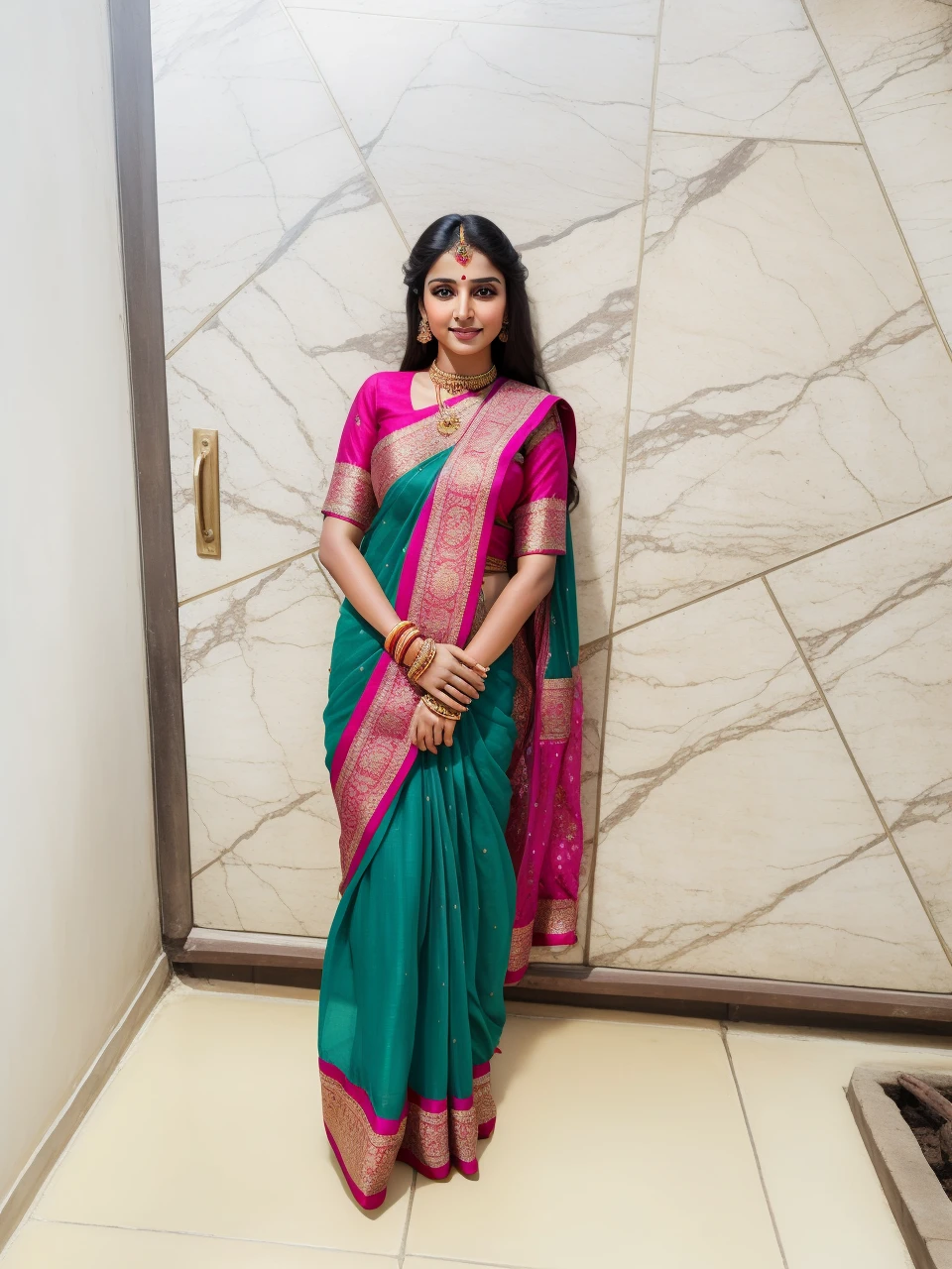 (Realistic:1.5), beautiful Indian women, vibrant colors, intricate traditional attire, henna adornments, long wavy dark hair, striking almond-shaped eyes, glowing olive skin, delicate features, radiant smiles, RAW photographs, top-quality, masterpiece:1.3, serene garden setting, professional lighting, full-body shots, angle from the front, soft natural light, traditional Indian jewelry, captivating expressions, making eye contact with the camera.