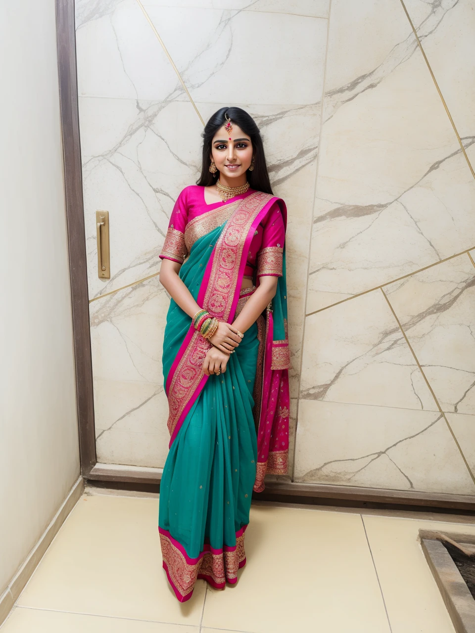 (Realistic:1.5), beautiful Indian women, vibrant colors, intricate traditional attire, henna adornments, long wavy dark hair, striking almond-shaped eyes, glowing olive skin, delicate features, radiant smiles, RAW photographs, top-quality, masterpiece:1.3, serene garden setting, professional lighting, full-body shots, angle from the front, soft natural light, traditional Indian jewelry, captivating expressions, making eye contact with the camera.