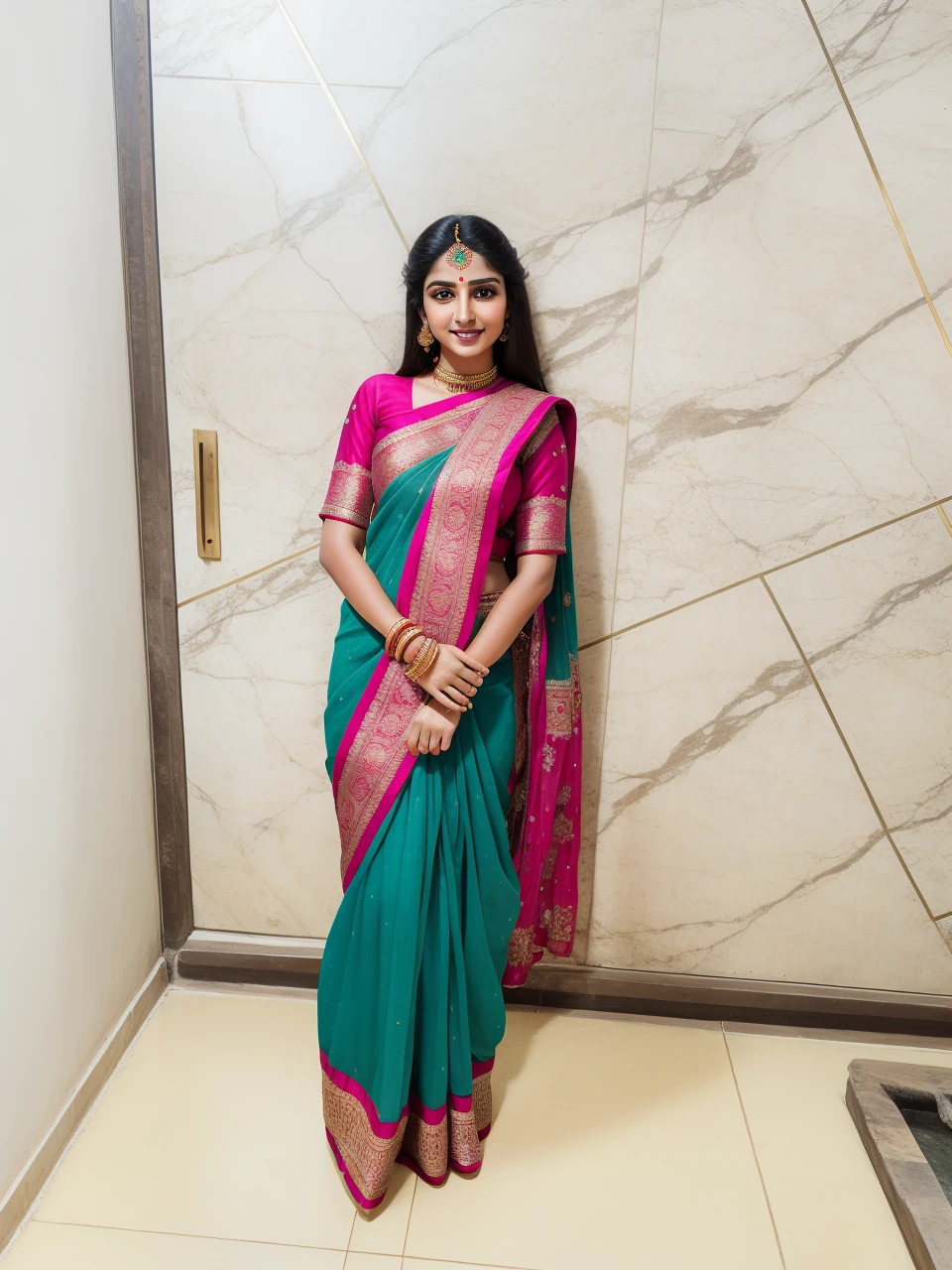 (Realistic:1.5), beautiful Indian women, vibrant colors, intricate traditional attire, henna adornments, long wavy dark hair, striking almond-shaped eyes, glowing olive skin, delicate features, radiant smiles, RAW photographs, top-quality, masterpiece:1.3, serene garden setting, professional lighting, full-body shots, angle from the front, soft natural light, traditional Indian jewelry, captivating expressions, making eye contact with the camera.