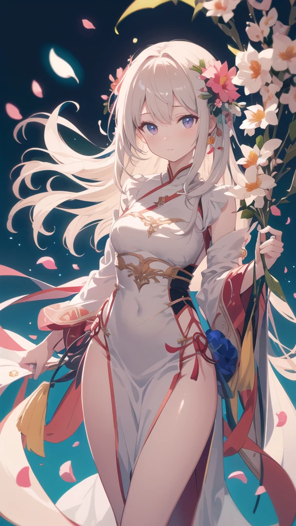 {{{{masterpiece}}}}, {{{Ultra Detailed}}}, {{{high resolution}}}, {{Good anatomy}}, (((best quality))), ((Extremely delicate and beautiful)), {{Extremely detailed and refined}}, {8k wallpaper}, {{illustration}}, Ray Tracing, Bokeh, (glow:1.2), (Light Particles:1.2), (Flowers:1.2), (petal:1.2), (petal反射:1.2), (Chromatic Aberration:1.2), 1 Girl, Solitary, Looking at the audience, (National style clothes:1.1), Emergency 1,