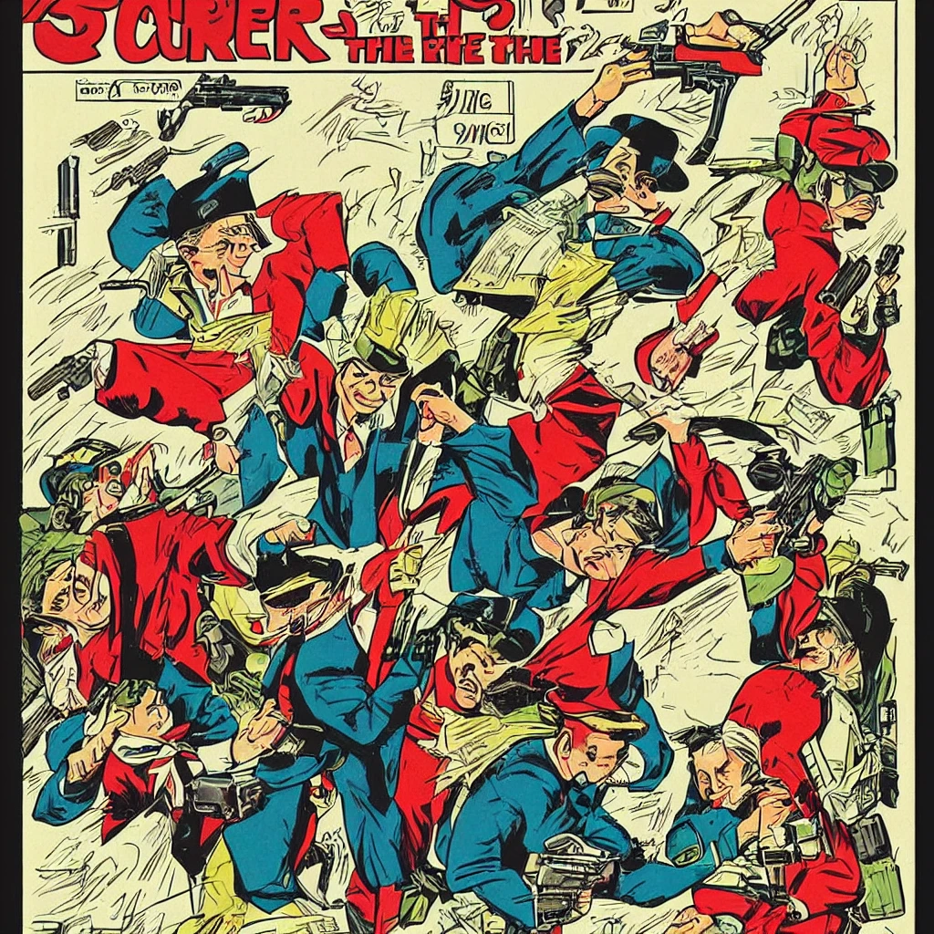 Retro comic style . The poster shows three robbers with guns robbing a bank