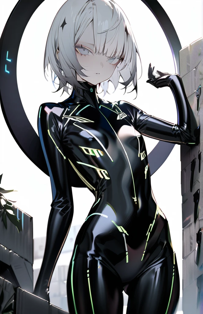 1 girl, alone, short hair,Gray Hair,Looking at the audience,Mouth closed, Grey Hair, Gray eyes,Expressionless,White background,Black Cyber Suit,抜knife,knife,boxwood, Compensate,eyeliner,Landmine Makeup, Wavy Hair,masterpiece,Very detailed