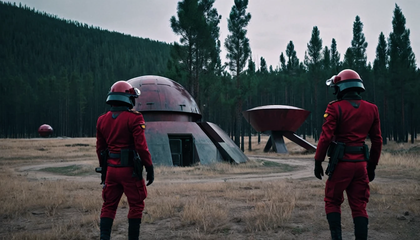 Soldiers in a dark red military uniform in a futuristic helmet near a military post in the middle of the steppe with some pine trees and a little drought, dark atmosphere