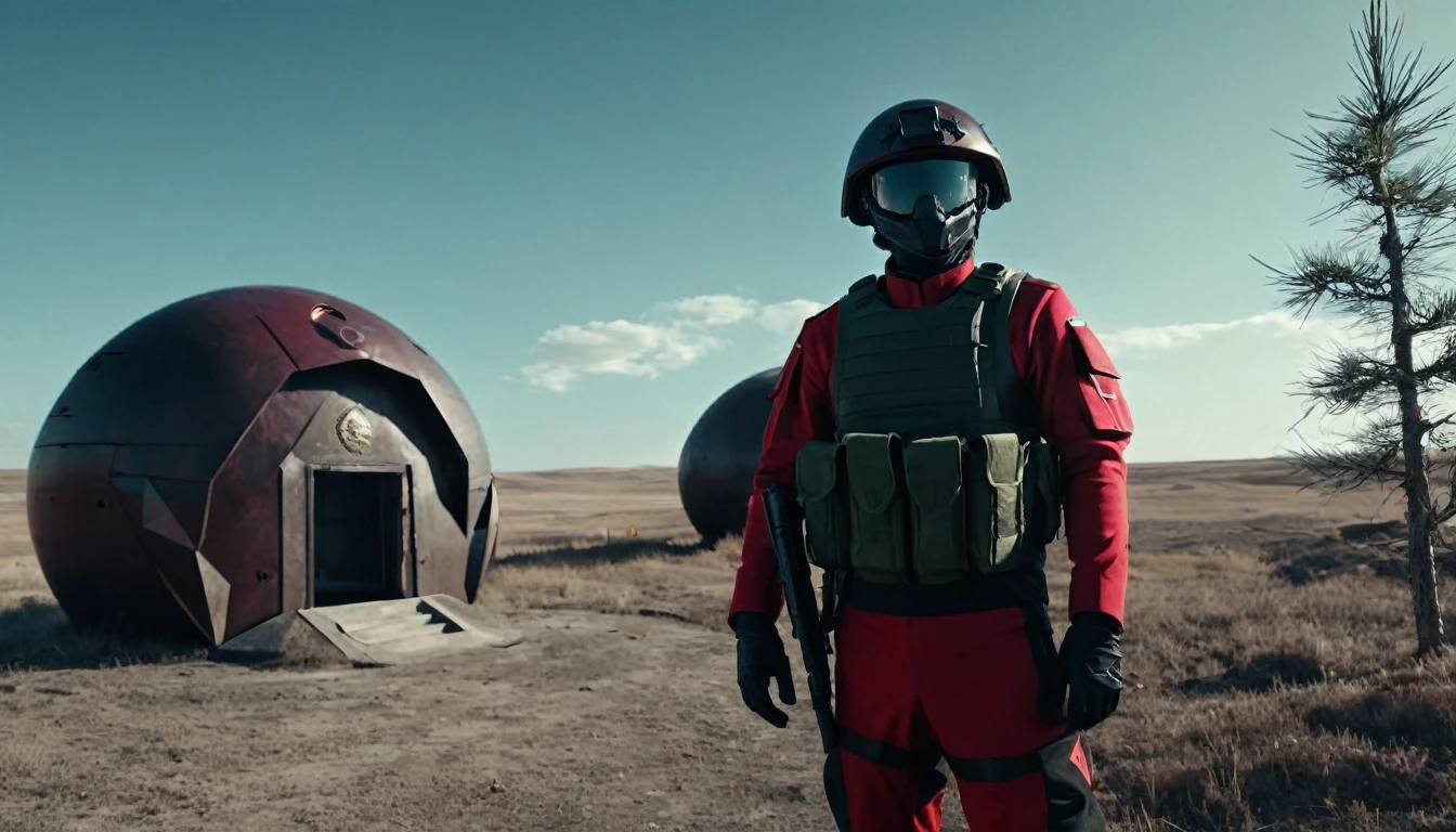 Soldiers in a dark red military uniform in a futuristic helmet near a military post in the middle of the steppe with some pine trees and a little drought, dark atmosphere