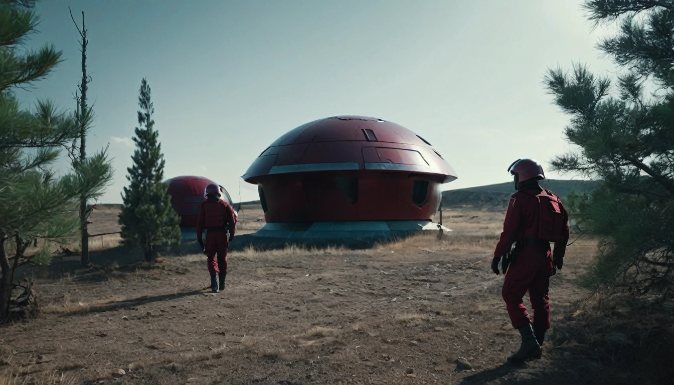 Soldiers in a dark red military uniform in a futuristic helmet near a military post in the middle of the steppe with some pine trees and a little drought, dark atmosphere