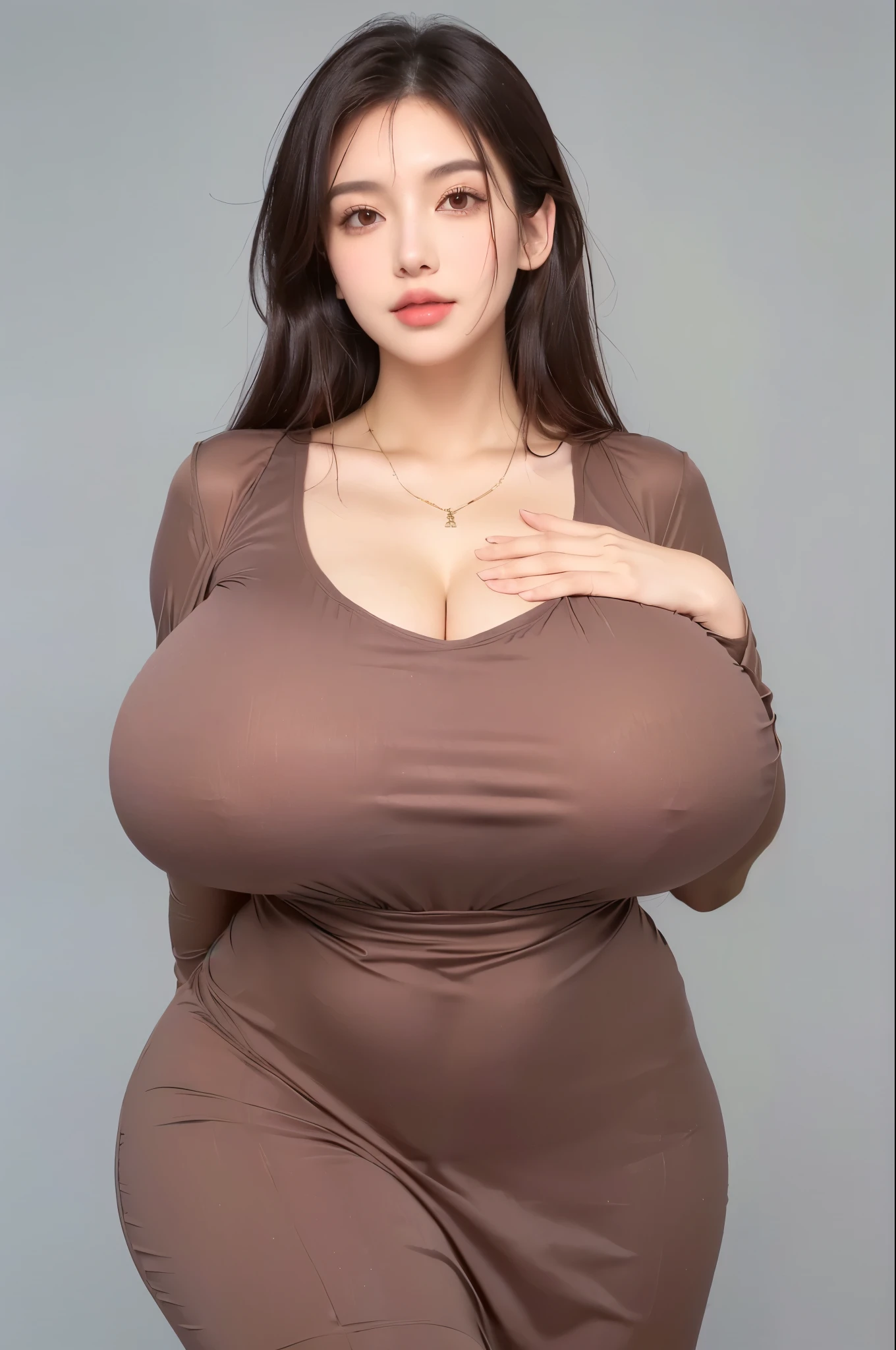 girl with big  posing for a picture in a brown dress, with a large , , sie , !!, !, with large ,  proportions,  covered and sfw, sfw , , thicc, nico robin, large , covered sfw , revealing clothes, 