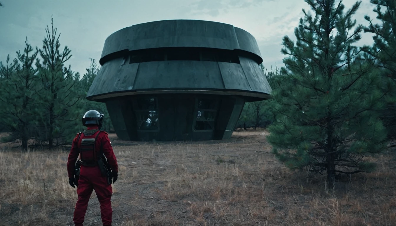 Soldiers in a dark red military uniform in a futuristic helmet near a military post in the middle of the steppe with some pine trees and a little drought, dark atmosphere
