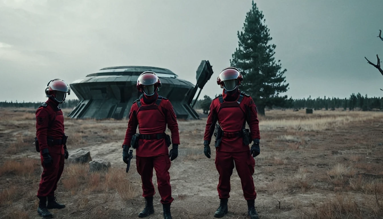Soldiers in a dark red military uniform in a futuristic helmet near a military post in the middle of the steppe with some pine trees and a little drought, dark atmosphere