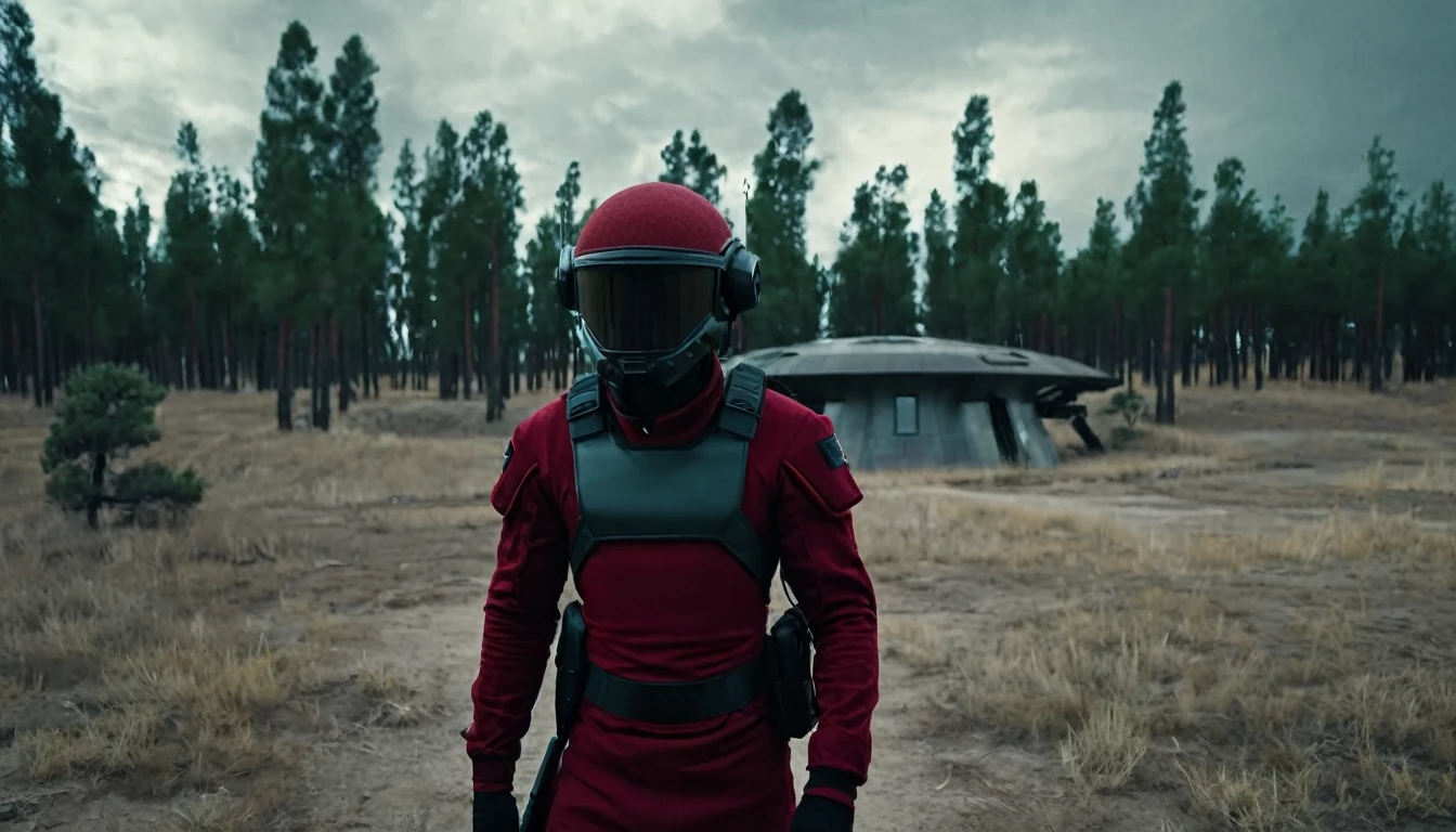 Soldiers in a dark red military uniform in a futuristic helmet near a military post in the middle of the steppe with some pine trees and a little drought, dark atmosphere