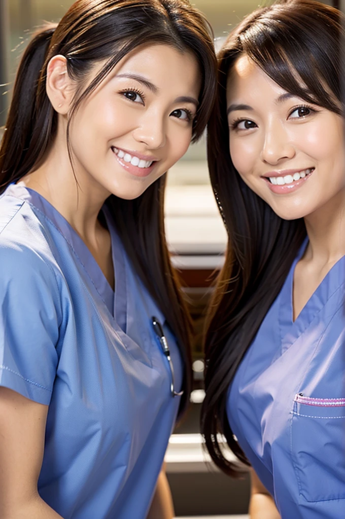 Dental hygienist, only two women　Side by side, smiling, wearing brown medical scrubs　Brown, short sleeves, cute, Japanese, black hair, female, early 20s　Upper body close-up　high resolution　Highest quality　　